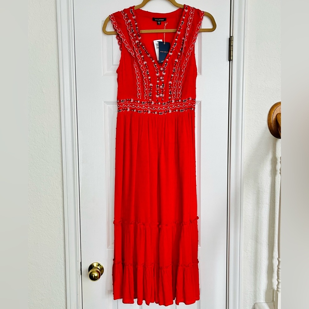 NWT Skies Are Blue Red Embroidered Dot Sleeveless Midi Dress Size XS